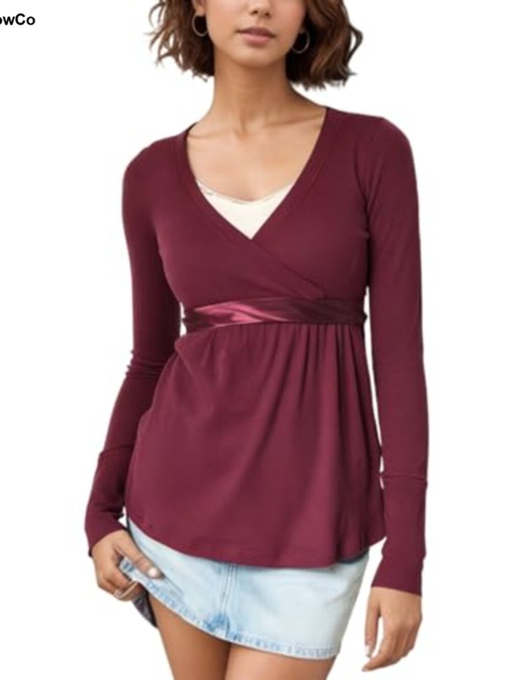 Long Sleeve Wrap V Neck Babydoll Top Slim Fit Flowy Hem Tunic